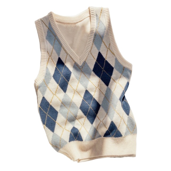 Love Tree Sweaters - Love Tree Preppy Academia Argyle VNeck Plaid Checkered Knit Blue Cream Sweater L